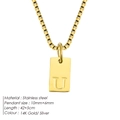 Square pendant necklace in 14K gold finish with engraved letter U on stainless steel box chain - Letter U / Gold