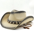 Straw cowboy sun hat with ethnic shell band and gradient color for beach and outdoor - M (56-58cm) / Beige Black Gradient