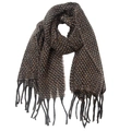 Detalle de bufanda tejida multicolor con flecos en marrón, gris y naranja - Beige Café