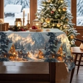 Detail of Christmas tablecloth with snowy village print, pine trees and cozy winter houses - Zb695-23