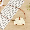 Mini semi-circular straw crossbody bag with white woven texture and brown leather strap - White