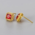 Elegant gold square red zircon stud earrings with white diamond halo for women - Gold Red