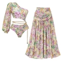 Costume floreale monospalla a maniche lunghe con gonna lunga e catena dorata - S / Set da 3 pezzi / Set 3 Pezzi Stampa Floreale Rosa Viola