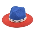 Detail of red and blue contrast straw hat featuring a luxury pearl mesh decorative band - Red & Royal Blue