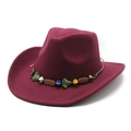 Macro shot of colorful stone trim and woven rope on a burgundy wide brim wool fedora hat - M (56-58cm) / Burgundy