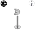 G23 titanium labret stud with crescent moon design and sparkling zircon stone inlay - Clear Zirconia Moon / Internal Threaded / Silver