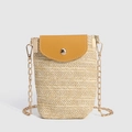 Straw cell phone crossbody bag with beige weave texture and yellow leather flap - Cream-Yellow