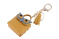 Detail of yellow owl coin purse charm with blue accents and matching fringe tassel - Lobster Clasp And Tassel Owl Bag / Yellow