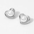 Elegant silver heart earrings featuring a polished metal frame with a central white pearl - Heart Pearl Style (D2951) / Silver