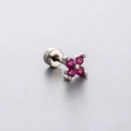 Silver stainless steel stud earring with pink zircon flower and secure screw-back - Rose Red (Single Piece)