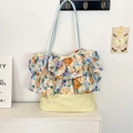 Floral patchwork tote bag with double ruffles and light blue shoulder straps - Blue Peony
