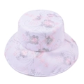 Detail view of an elegant white bucket hat featuring intricate pink floral embroidery. - Pink
