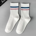 White cotton mid-calf sports socks with navy and pink stripes on ribbed cuffs - White/Blue & Pink Stripes