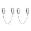 Detailed view of silver double hoop earrings with cubic zirconia and a delicate chain link - Double Piercing Connected Square Zirconia Earrings-Silver