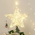 Puntale per albero di Natale a stella con luci LED calde e decorazione effetto neve - Stella Fiocco di Neve Luminosa / 25cm