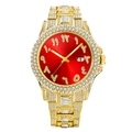 Luxury gold iced-out watch with red dial and eastern arabic numerals on crystal strap - Gold Case Red Dial