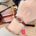 Elegant gold oval watch with red leather strap and diamond-set bezel for women - Gold/Red (Oval Rhinestone Lola Style)