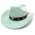Detail of mint green suede cowboy hat featuring a leather band and silver bull skull ornament - M (56-58cm) / Mint Green