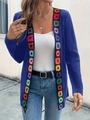 Women's dark blue ribbed knit cardigan with colorful crochet floral trim and long sleeves - S / Blue