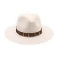 Chapeau de paille Fedora crème avec ruban en cuir et perles en bois pour protection solaire - Taille unique / Chapeau de Paille Blanc (Bande en Cuir Café)