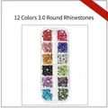 Set aus 12 bunten 3,0 mm Harz-Strasssteinen in einer transparenten Kunststoff-Aufbewahrungsbox - 12 Farben 3,0 mm Runde Straßsteine