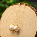 Elegant 18k gold plated long drop earrings with baroque pink pearls on wood base - Zirconia Inlaid Cross Chain Large Pearl