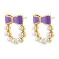 Exquisite gold bow pearl earrings with purple enamel details and round wreath design - Purple (1 Pair)