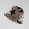 Winter plush bucket hat in khaki faux fur with black star print for warm fashion - Star Applique Decor Khaki