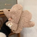 Plush camel lamb wool mittens with cute bear label and anti-loss neck string - Coffee