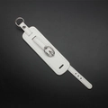White PU leather wristband keychain with silver buckle and D-ring on black background - White
