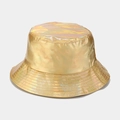 Detailed view of golden holographic PU leather bucket hat with multi-row stitched brim - M (56-58cm) / Laser Golden Yellow (5# Color)