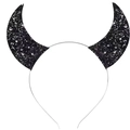 Vue détaillée de cornes de diable à paillettes noires sur un serre-tête en métal argenté - 56# Corne Rouge Noire Pailletée