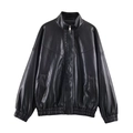 Women's winter black faux leather bomber jacket with stand collar and zipper - XS / Black