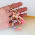 Pink resin letter C keychain with colorful heart sequins, butterfly charm and silk tassel - Butterfly Tassel 8-Shape Buckle / Letter C