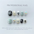Handmade Y2K star press-on nails in black, beige, and mint green with rhinestones - Extra Small (XS) / Pink Blue Contrast Stars