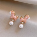 Pink enamel pony stud earrings with white pearl drop and gold plating detail - Gold Pink Enamel Pearl Horse Style (20#)