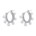 Detail van zilveren C-vormige oorbellen met parels en zirkoon in retro Franse stijl - Zes Parels Zirconia Hoop Oorsluiting / VE927 Witgoud 1 Paar