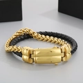 Dual-layer men's bracelet with black woven leather, gold wheat chain and metal buckle - Double Layer Black Leather with Gold Stainless Steel Chain (KB69730-BD)