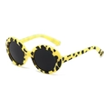Detail shot of yellow leopard print round frames on stylish pet and kid sunglasses - Yellow Leopard Pattern Black Lens