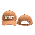 Detail of WIFEY chenille letter patch on brown corduroy baseball cap with gold glitter - Adjustable / Caramel color