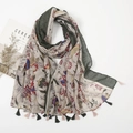 Ethnic floral cotton linen scarf in army green and beige with decorative tassels - Beige Ethnic Floral Style (XB117)