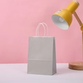 Detail view of a gray kraft paper gift bag with matching twisted rope handles on white desk - 15*11*6 / Silver