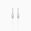 Close-up of heart-shaped pink zircon earrings with 18k gold plating and bow detail - Heart Lollipop (EH00720) / White K/Silver