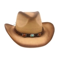Brown gradient woven western cowboy hat with leather band and turquoise stone accent - One Size / Beige (Wood Beads Blue Stone)