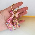 Pink resin letter M keychain with butterfly pendant, tassel and colorful heart sequins - Butterfly Tassel 8-Shape Buckle / M