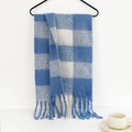 Detail of blue and white checkered mohair scarf featuring soft texture and fringe edges - Blue White Blue Plaid
