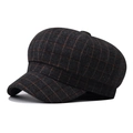 Detail of grey wool plaid newsboy cap with textured tweed fabric and button top - Dark Grey Plaid / M (56-58cm)