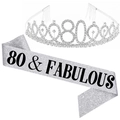 Silver 80th birthday set featuring a rhinestone tiara and 80 & Fabulous glitter sash - Silver 80 & Fabulous Set