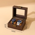 Caja para 2 relojes en cuero PU de madera marrón oscuro con ventana de cristal - Caja de reloj de 2 ranuras de PU con veta de madera (con almohadas suaves)