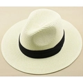 Classic beige woven Panama sun hat with black ribbon detail for summer seaside vacation - M (56-58cm) / Cream White (Three-Fold Band)
